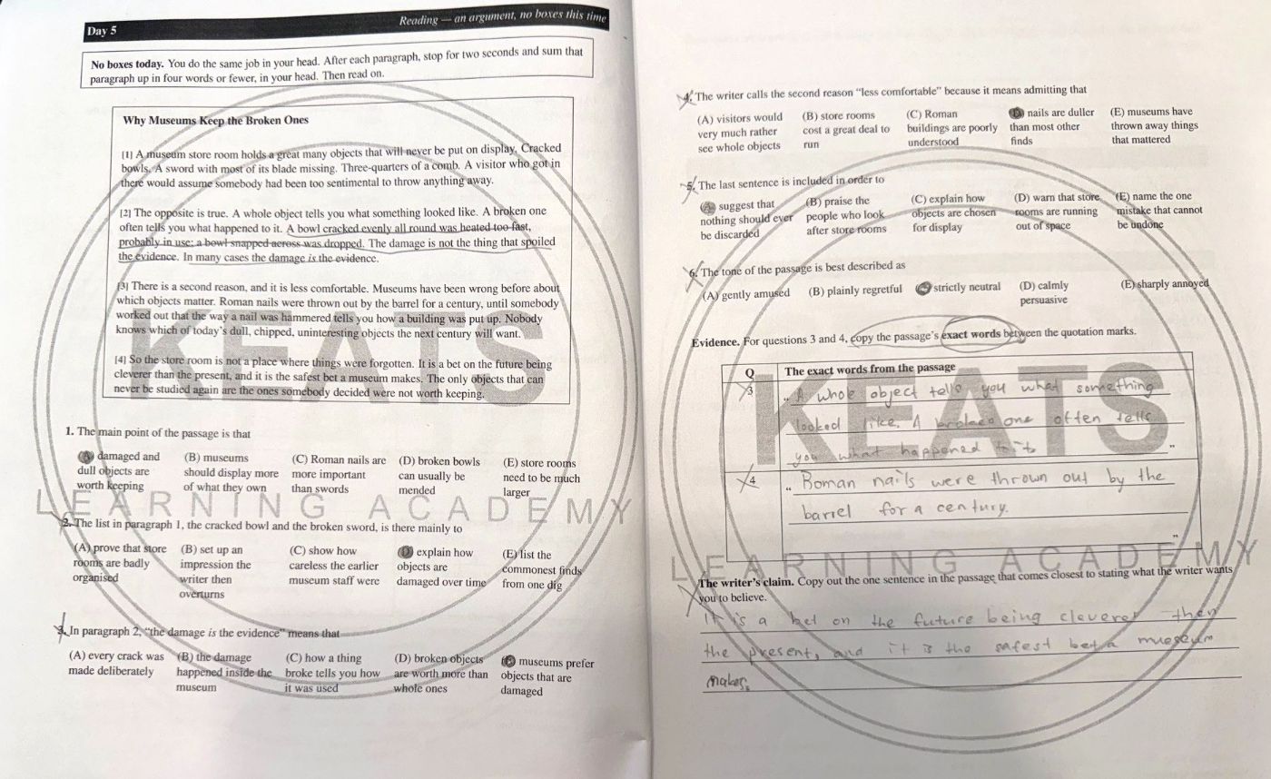 A completed Keats English booklet, a reading comprehension passage with questions and evidence answers