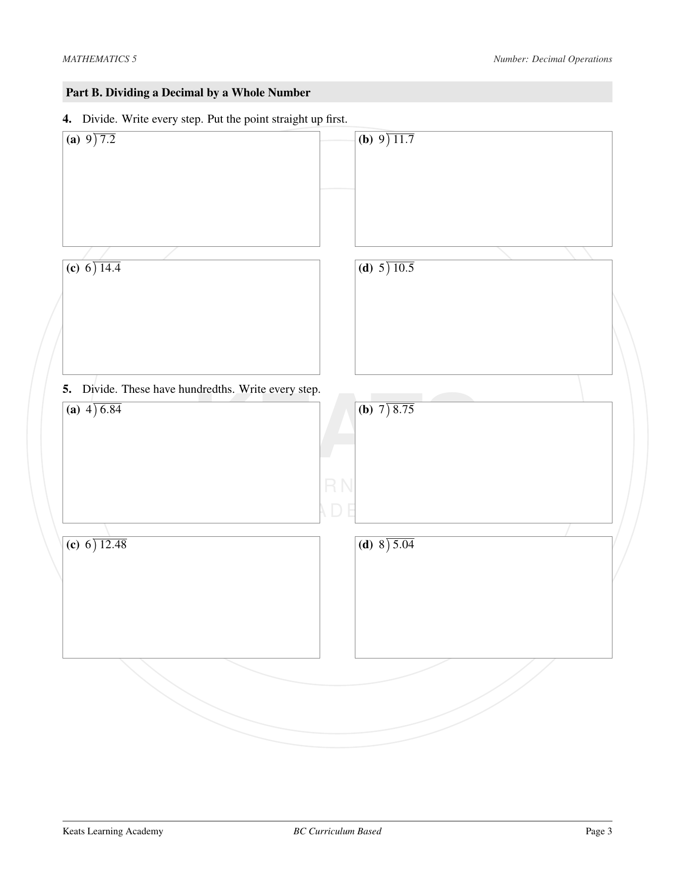 A question page from a Keats Grade 5 math booklet on dividing decimals