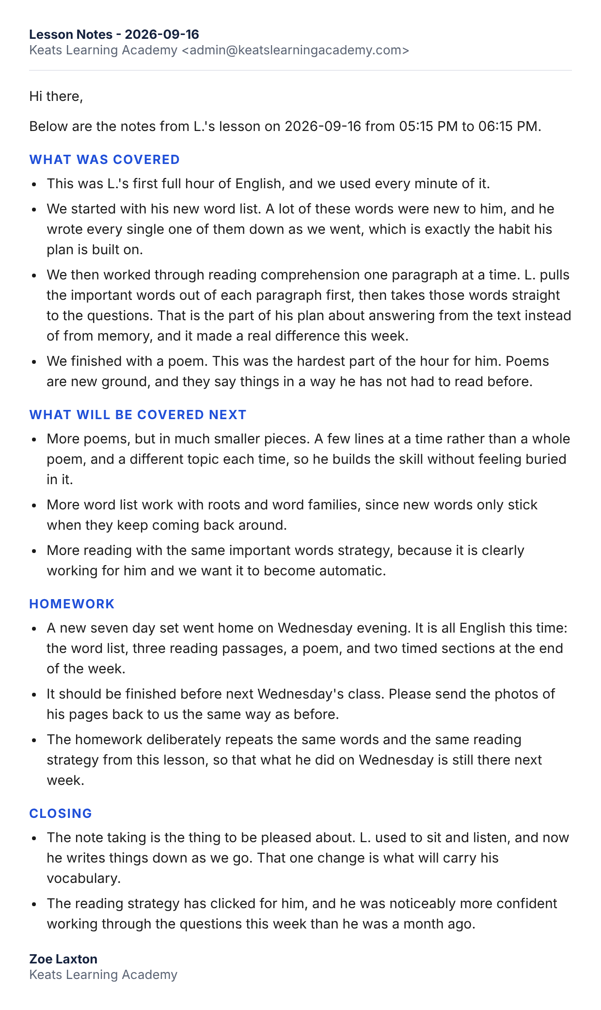 A real Keats lesson note emailed to a parent after class, student name removed