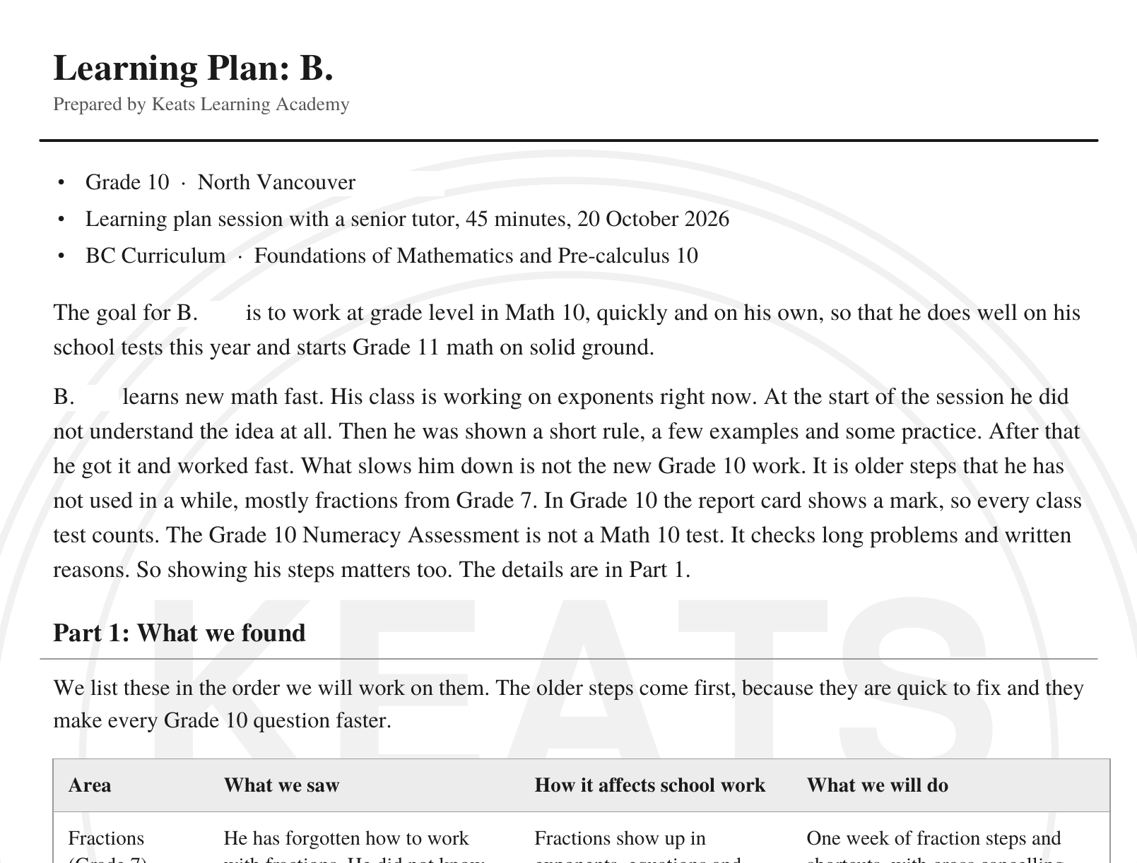 Page one of a real Keats learning plan, name removed
